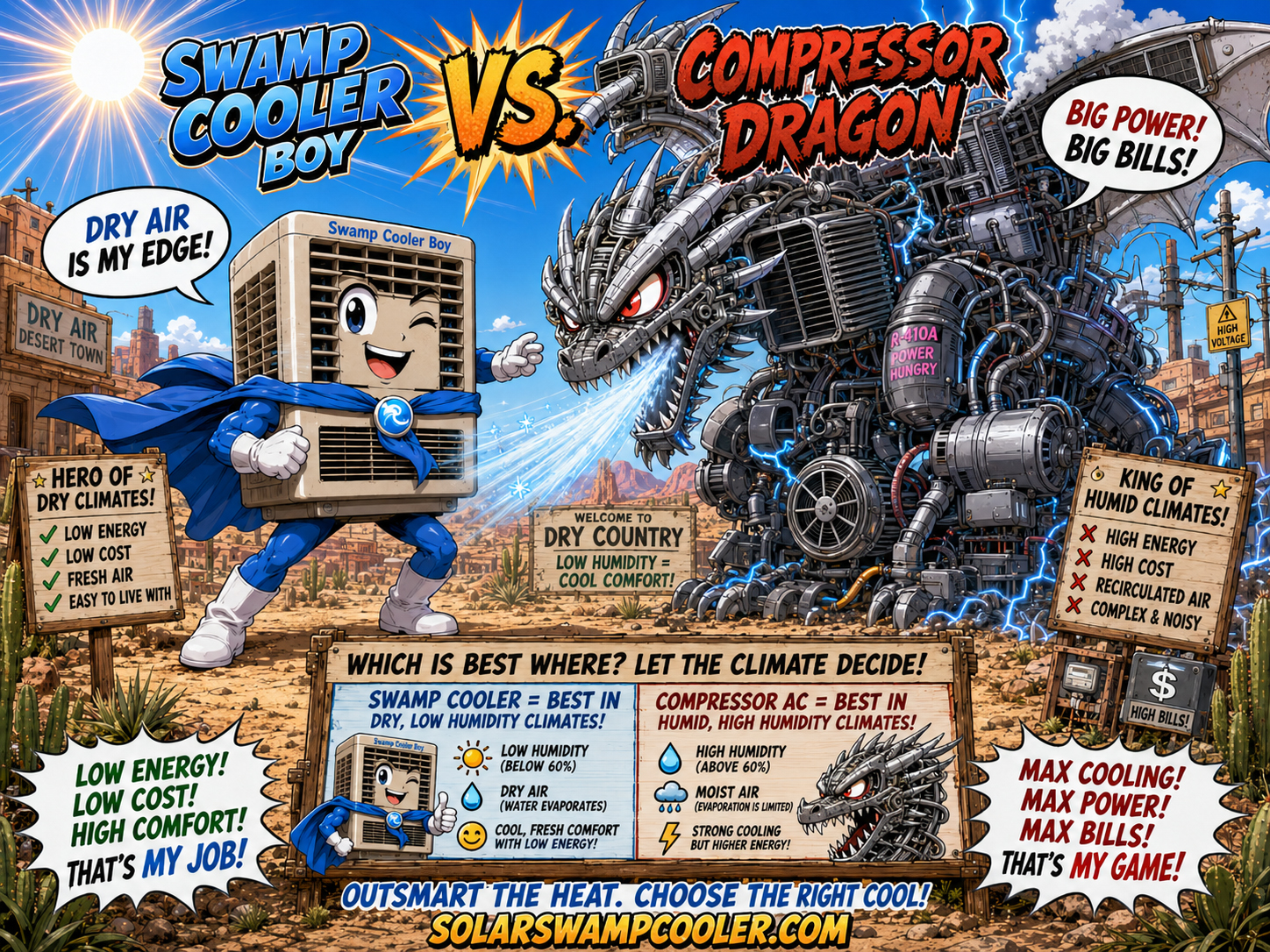 Compressor Dragon versus Swamp Cooler Boy comparison poster.
