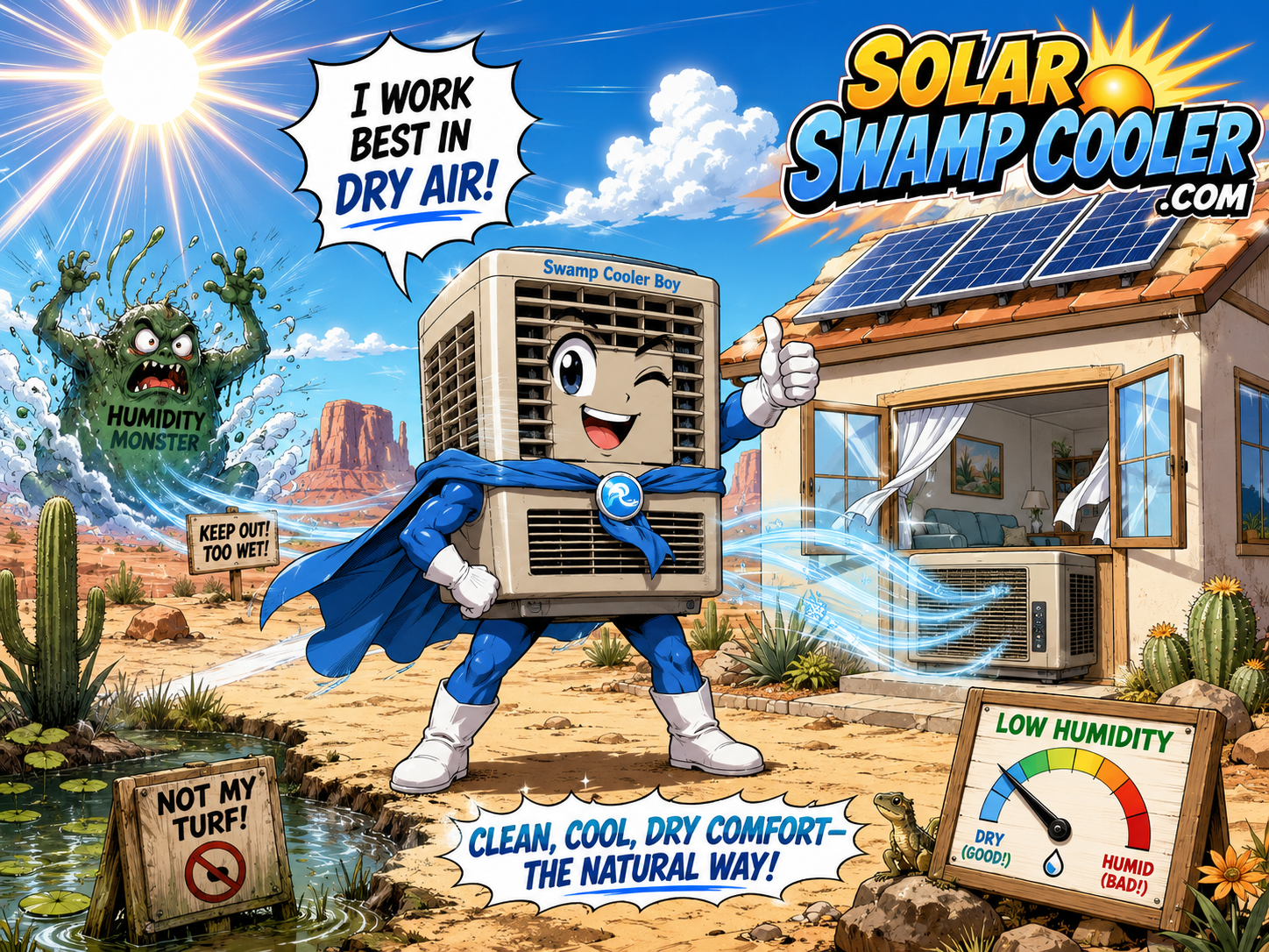 Swamp Cooler Boy cooling a desert home with solar panels and dry air.