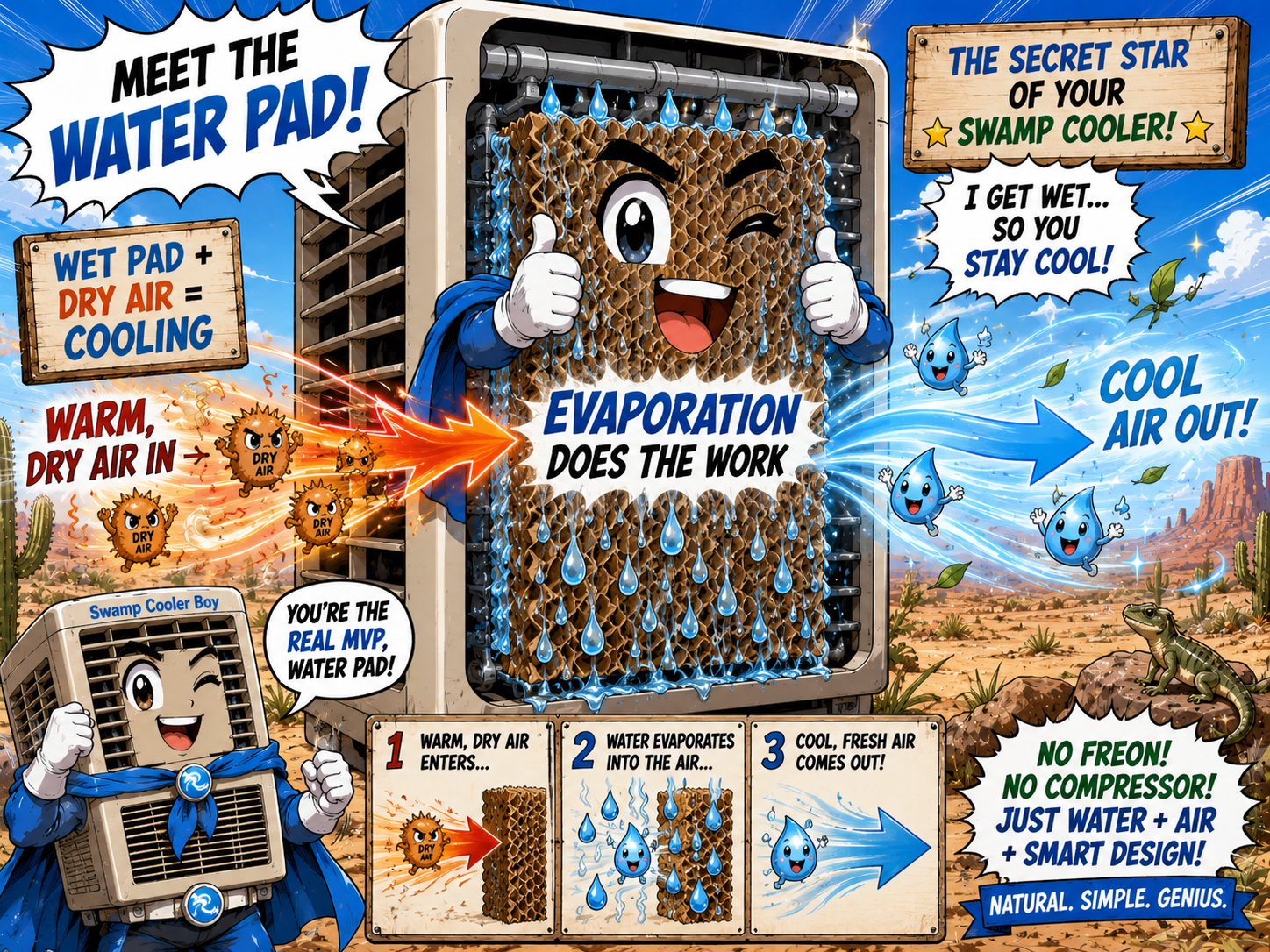 Low humidity magic explainer showing dry air, wet pad, evaporation, and cool air.