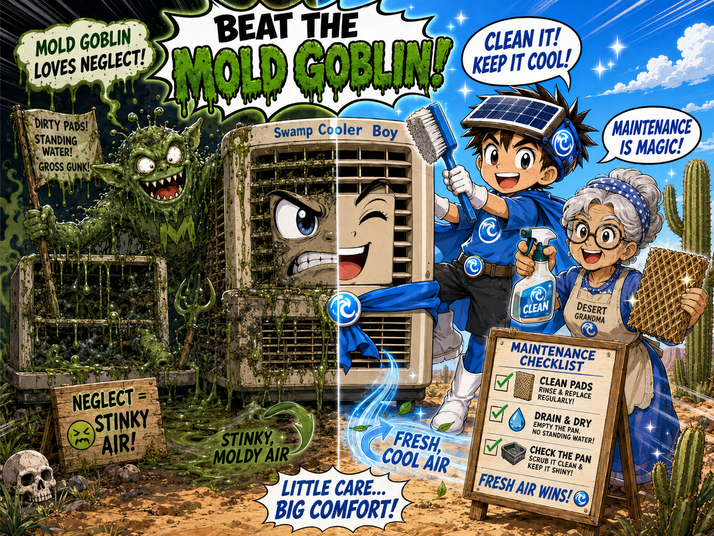 Mold Goblin maintenance warning for swamp coolers.