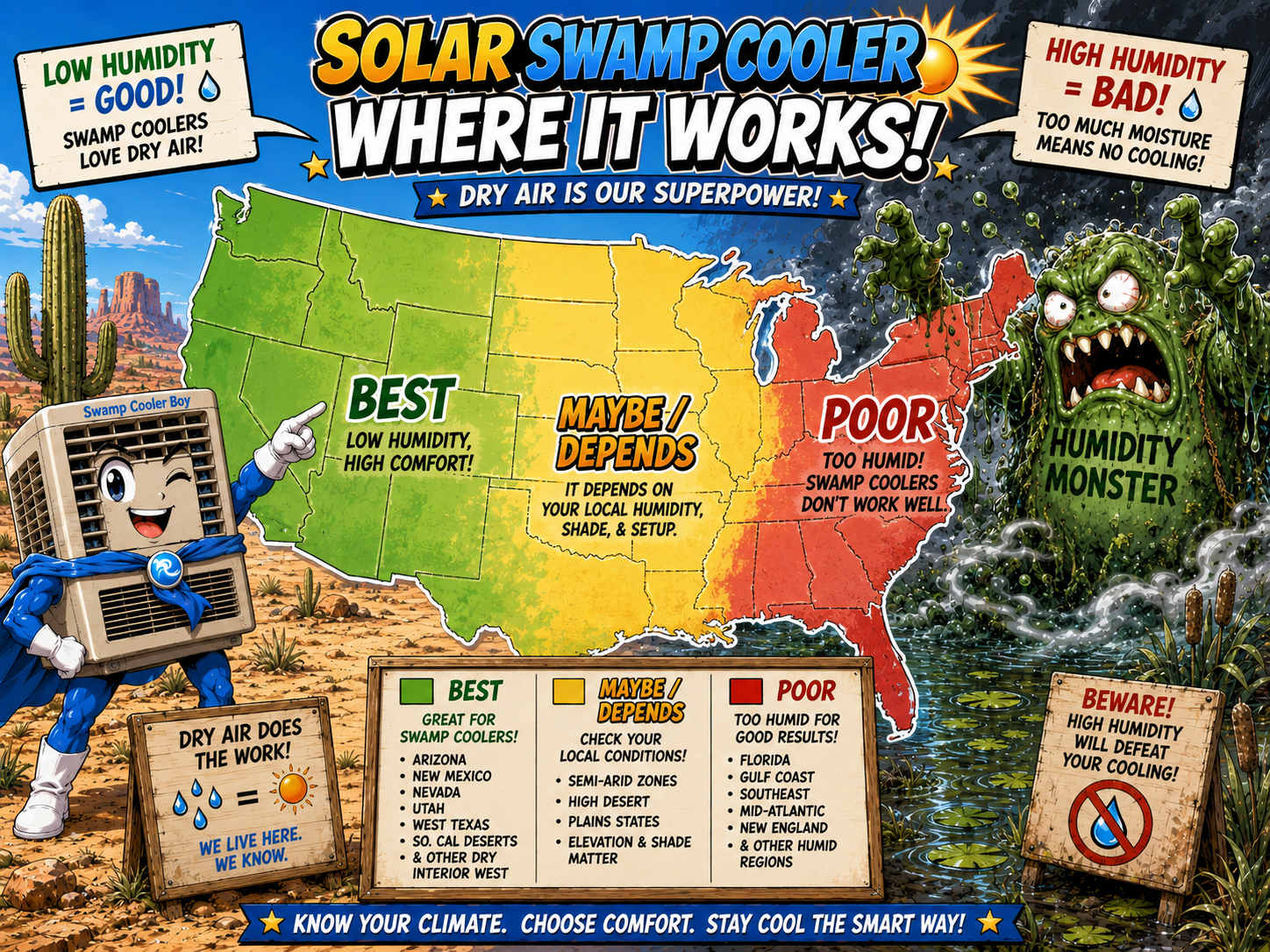Comic map showing where swamp coolers work best and where humidity makes them struggle.